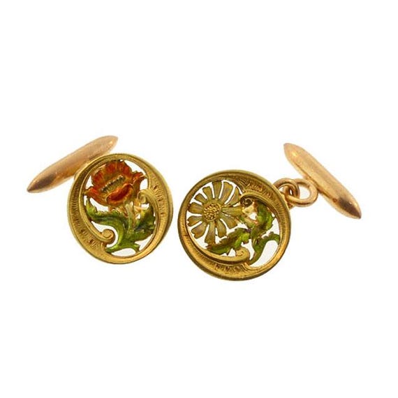 French Art Nouveau 18K Secret Message Flower Cufflinks