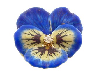 Art Nouveau 14K Gold Enamel & Diamond Pansy Brooch / Pendant