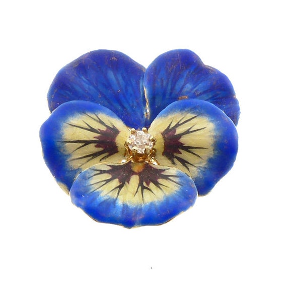 Art Nouveau 14K Gold Enamel & Diamond Pansy Brooch / Pendant