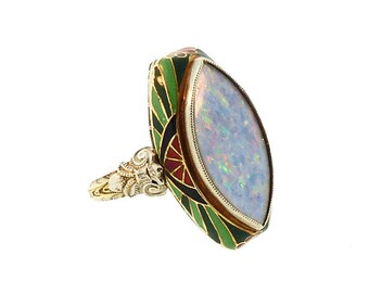 Art Deco Pinfire Opal Ring in Enameled 14K Gold Setting