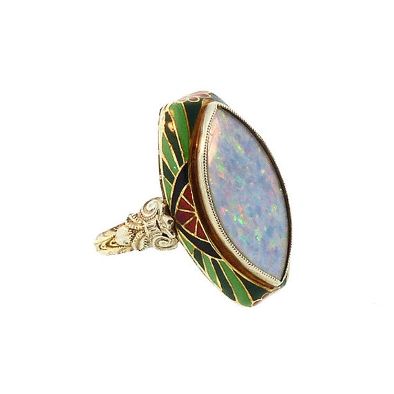 Art Deco Pinfire Opal Ring in Enameled 14K Gold Setting