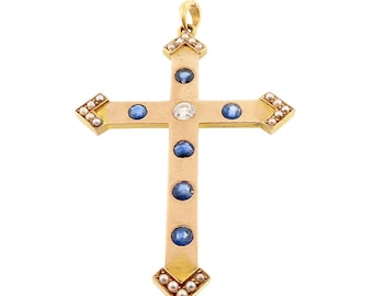 Victorian 14K Gold, Diamond, Sapphire & Pearl Cross Crucifix Pendant