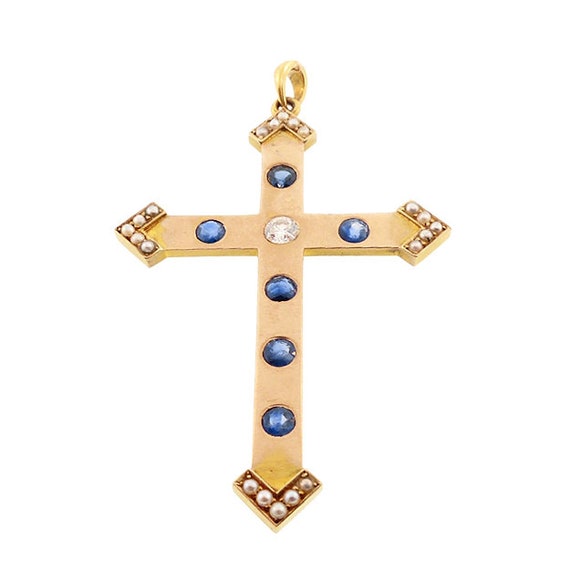 Victorian 14K Gold, Diamond, Sapphire & Pearl Cross Crucifix Pendant