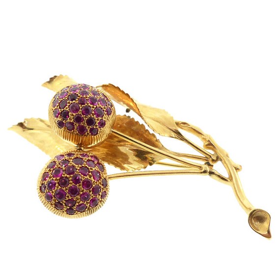 Retro 14K Yellow Gold & Ruby Cherries Brooch - image 3
