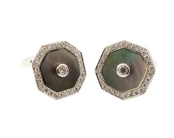 18K White Gold Black Mother Pearl Diamond Cufflinks