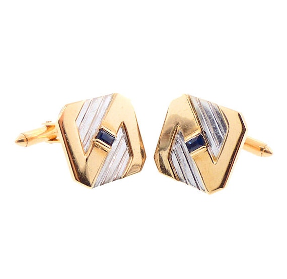 Vintage 14K Yellow & White Gold Sapphire Cufflinks - image 2