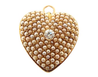 Victorian14K Gold, Seed Pearl & Diamond Heart Pendant