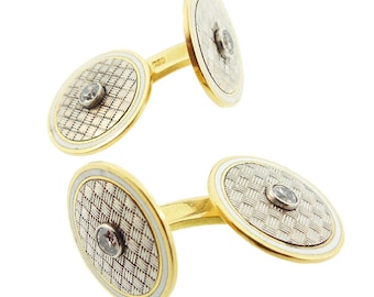 Vintage 18K Gold, Platinum, Diamond & Champleve Enamel Cufflinks