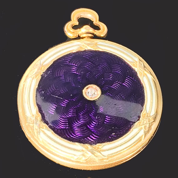 Edwardian 14K Gold Diamond & Purple Guilloche Enamel Locket