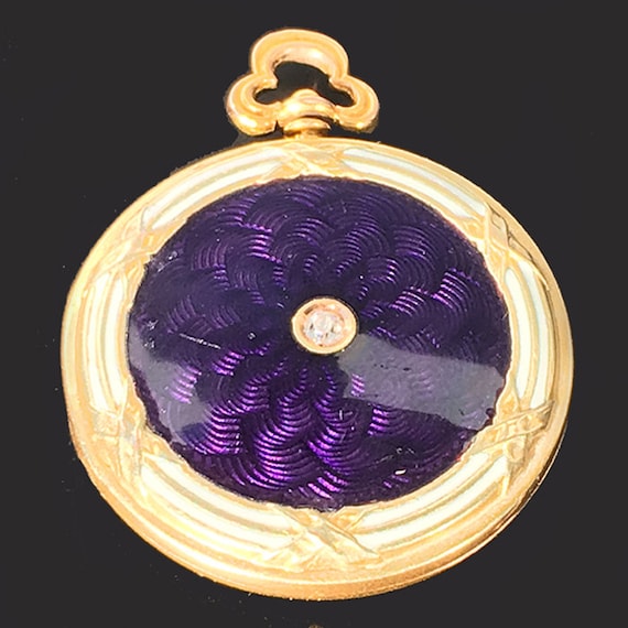 Edwardian 14K Gold Diamond & Purple Guilloche Enamel Locket