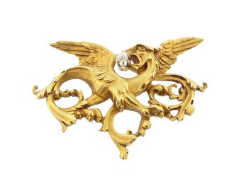 French Victorian Art Nouveau 18K Gold & Diamond Griffin Pendant