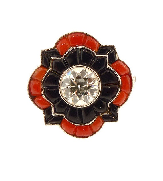 Art Deco Platinum Filigree, Diamond, Coral & Onyx… - image 4