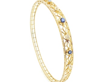 Alling & Co. 14K Gold, Sapphire, Baroque Pearl Bangle Bracelet