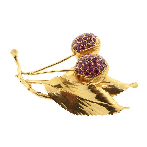 Retro 14K Yellow Gold & Ruby Cherries Brooch - image 5