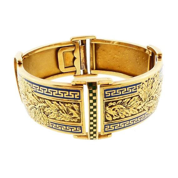 French Victorian 18K Gold & Champleve Enamel Hinged Bangle Bracelet