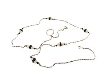 French Art Deco 18K Gold, Opal & Onyx Station Chain Necklace
