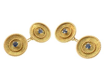 French 18K Yellow Gold Sapphire Double-Sided Cufflinks