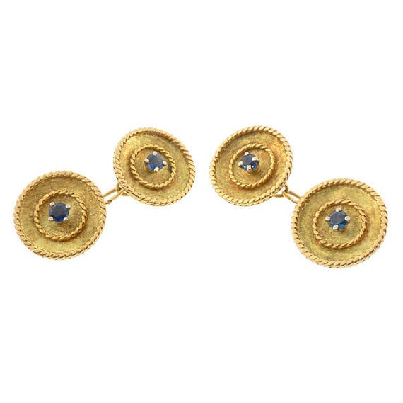 French 18K Yellow Gold Sapphire Double-Sided Cufflinks