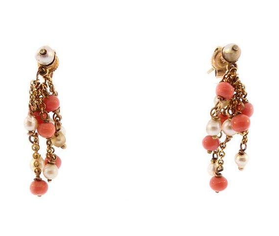 Art Deco 12K Gold, Coral & Pearl Tassel Earrings