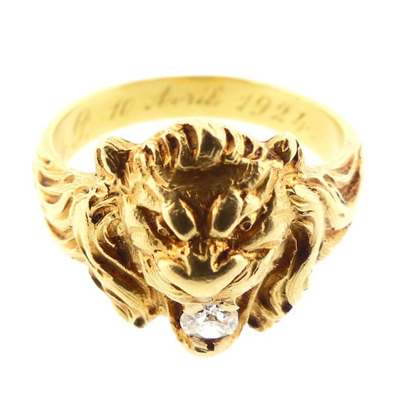 Art Nouveau 18K Gold & Diamond Gentleman’s Lion R… - image 2