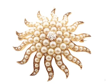 Edwardian 14K Gold Diamond & Seed Pearl Sunburst Pendant / Brooch