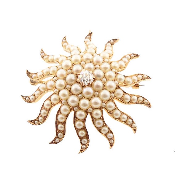 Edwardian 14K Gold Diamond & Seed Pearl Sunburst Pendant / Brooch