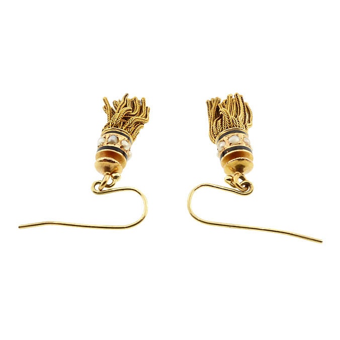 Victorian 18K Gold, Pearl & Enamel Foxtail Tassel Earrings