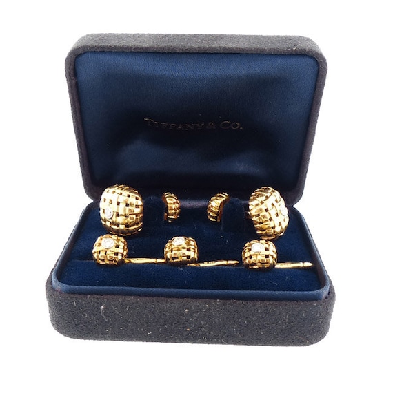 Tiffany & Co. 18K Gold Diamond VANNERIE Cufflinks Studs Dress Set