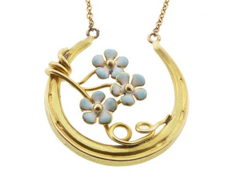 Art Nouveau 14K Gold & Enamel Good Luck Horseshoe Pendant Necklace