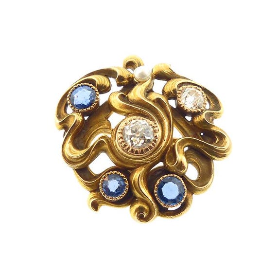 Art Nouveau 14K Gold, Diamond & Sapphire Brooch Pendant