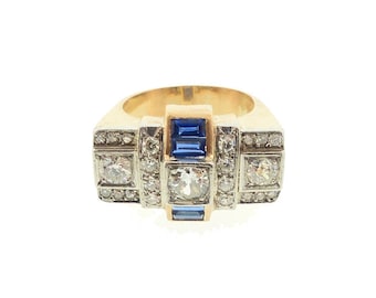 Retro 14K Gold, Platinum, Diamond & Natural Sapphire Tank Ring