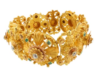 Georgian Yellow, Green & Rose Gold Diamond and Emerald Bracelet