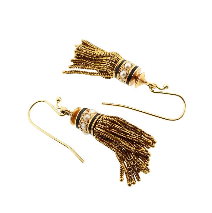 Victorian 18K Gold, Pearl & Enamel Foxtail Tassel Earrings
