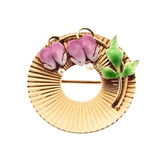 Krementz 14K Gold Pearl Enameled Bleeding Heart Pin