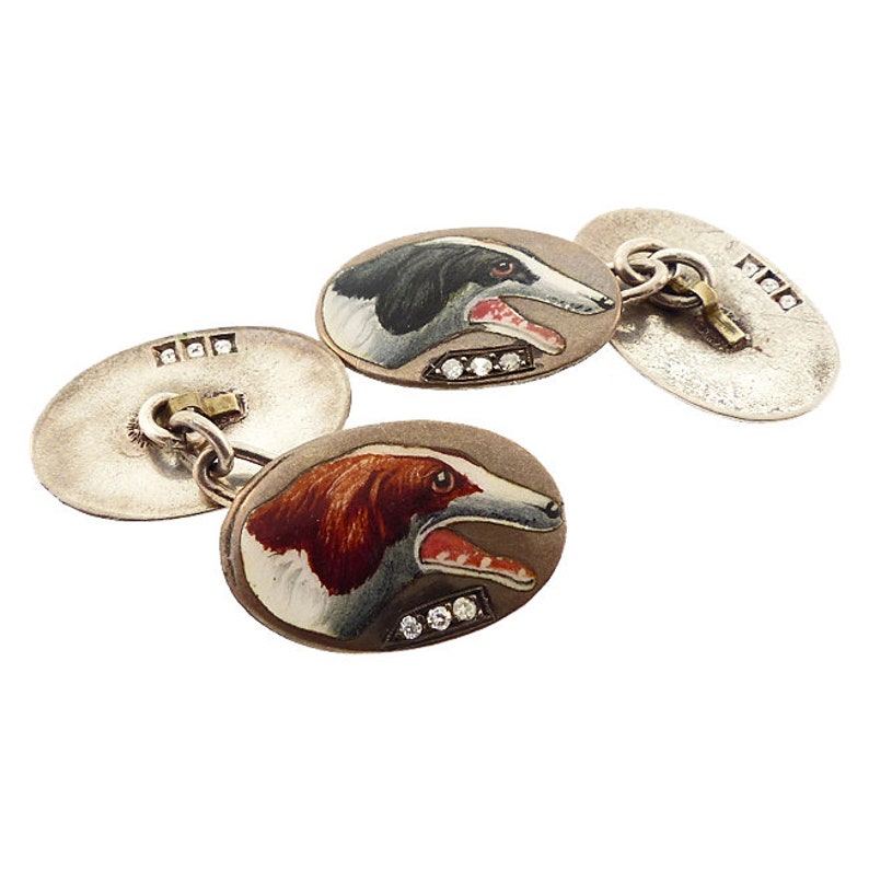 Edwardian Enameled Silver & Diamond Greyhound Dog Cufflinks image 4