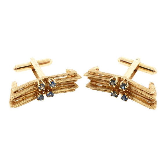 14K Gold Sapphire Cufflinks | Vintage Gold Cufflinks | Men's Sapphire Jewelry | Groomsman Gift | Men's Wedding Jewelry | Modernist Cufflinks