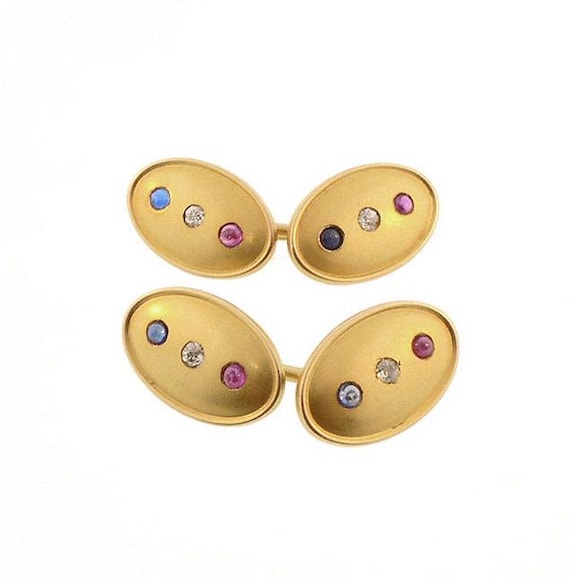 Patriotic Victorian 14K Gold, Diamond, Ruby & Sapphire Cufflinks