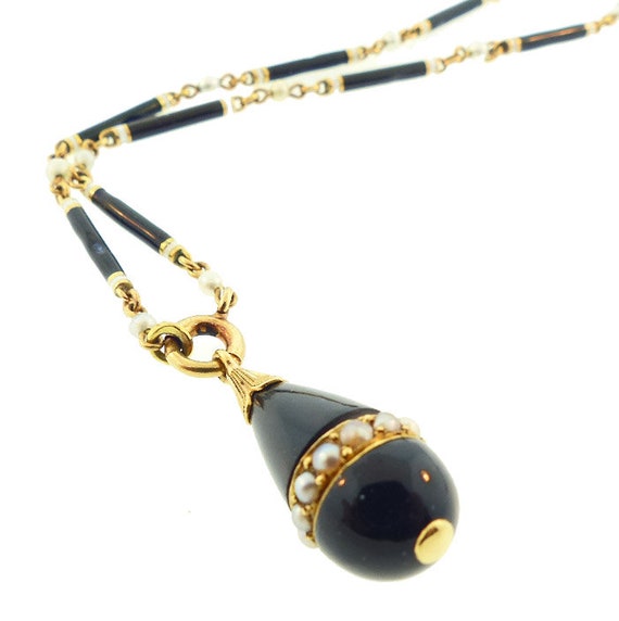 Edwardian 18K Gold, Enamel, Onyx & Pearl Baton Li… - image 5