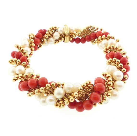 Van Cleef & Arpels 18K Gold, Pearl, Red Coral TWIST Bracelet