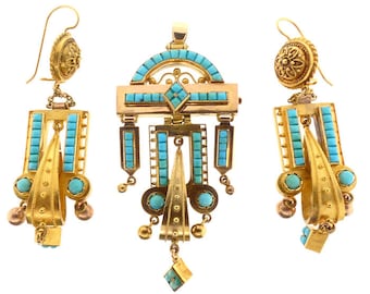 Victorian Etruscan Revival 14K Gold Turquoise Earrings & Pendant