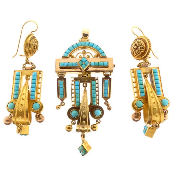 Victorian Etruscan Revival 14K Gold Turquoise Earrings & Pendant