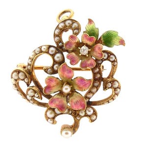Art Nouveau 14K Gold Enamel Diamond Pendant & Pin