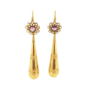 French Victorian Amethyst, Pearl & 18K Torpedo Earrings