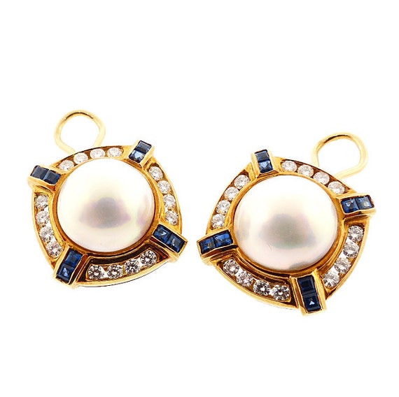 18K Gold, Pearl, Diamond & Sapphire Earrings by S… - image 5