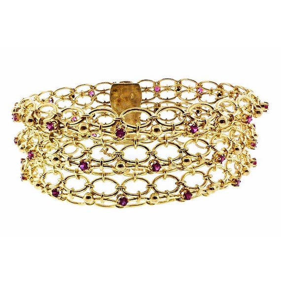 Retro 18K Yellow Gold & Ruby Mesh Bracelet