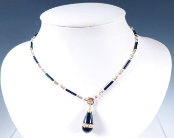 Edwardian 18K Gold, Enamel, Onyx & Pearl Baton Link Necklace