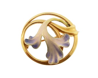 Art Nouveau 14K Gold & Enamel Orchid Blossom Circle Pin