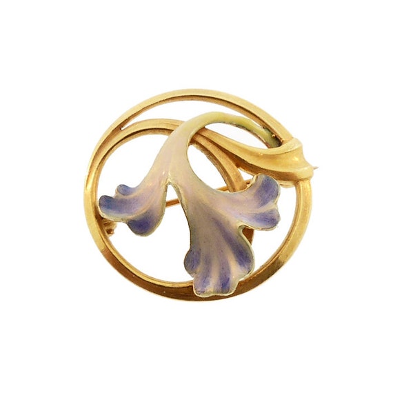Art Nouveau 14K Gold & Enamel Orchid Blossom Circle Pin