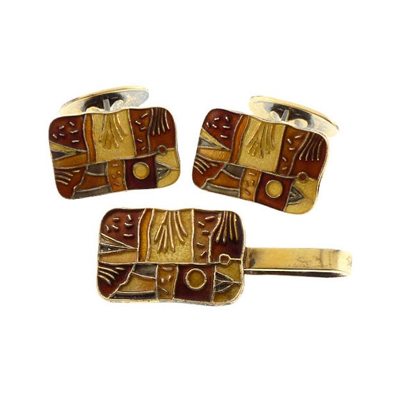 David-Andersen FOUR SEASONS AUTUMN Enameled Silver Cufflinks & Tie Bar