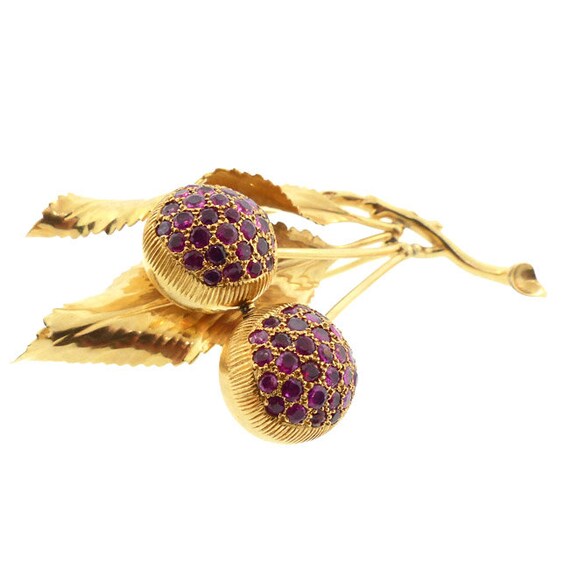 Retro 14K Yellow Gold & Ruby Cherries Brooch - image 2